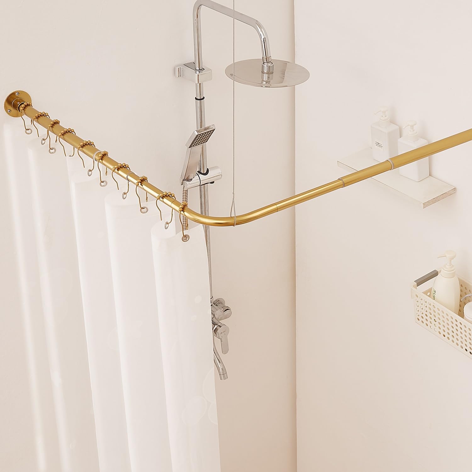 L Shaped Corner Shower Curtain Rod, Curved Shower Curtain Pole, 24.3"-48" x 24.3"-48" Telescopic Rod for Bathroom Bathtub, 304 Stainless with 12 Ring Hooks & Ceiling Support (Gold)