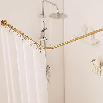 L Shaped Corner Shower Curtain Rod, Curved Shower Curtain Pole, 24.3"-48" x 24.3"-48" Telescopic Rod for Bathroom Bathtub, 304 Stainless with 12 Ring Hooks & Ceiling Support Gold