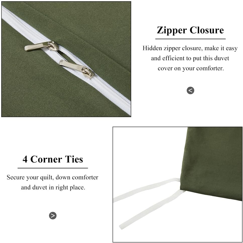 VClife Modern Microfiber Duvet Cover Sets Queen Size - 3 Pieces Bedding Sets Including 1 Duvet Cover (90''x 90'') and 2 Pillowcases (20''x 26'')- Ultra Soft Breathable & Lightweight, Army Green