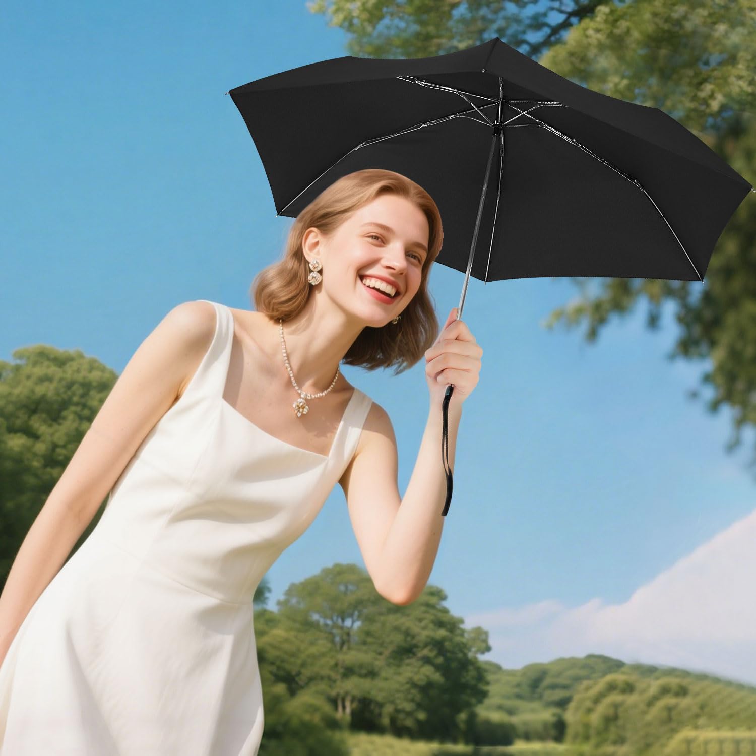 Lejorain Travel Mini Umbrella for Purse - Black Compact Durable Cool Teflon Light Weight Flat Backpacking Umbrella Portable Paraguas