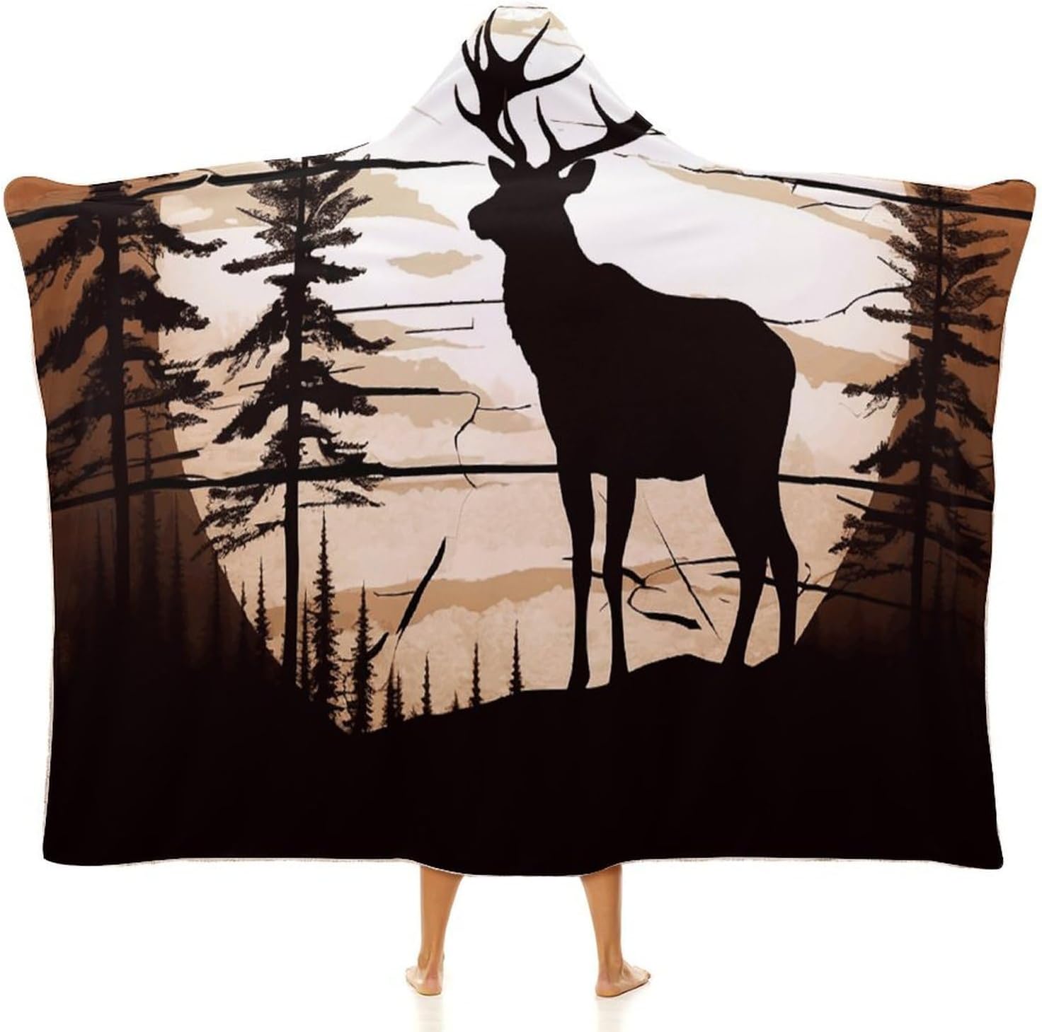 Wild Elk Silhouette Wearable Hooded Blanket, Ultra Soft Arctic Velvet Cape Cloak Unisex - Cozy Wearable Blanket