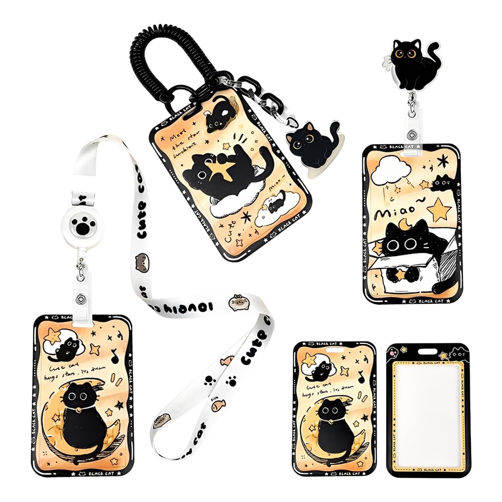 MSLSOZ 3 Piece Cute Lanyard Set，Retractable Lanyard with Card Holder, Three Connecting Accessories and Card Holders with cat Patterns.Worn Around The Neck, Wrist, Waist, or Attached to a Bag.