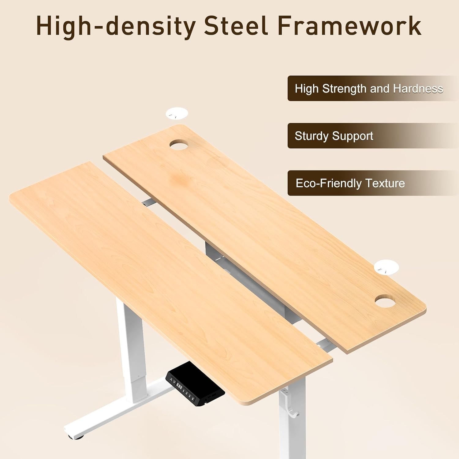 Exploded view of the desk's high-density steel framework and two-piece tabletop, highlighting high strength, sturdy support, and eco-friendly texture.