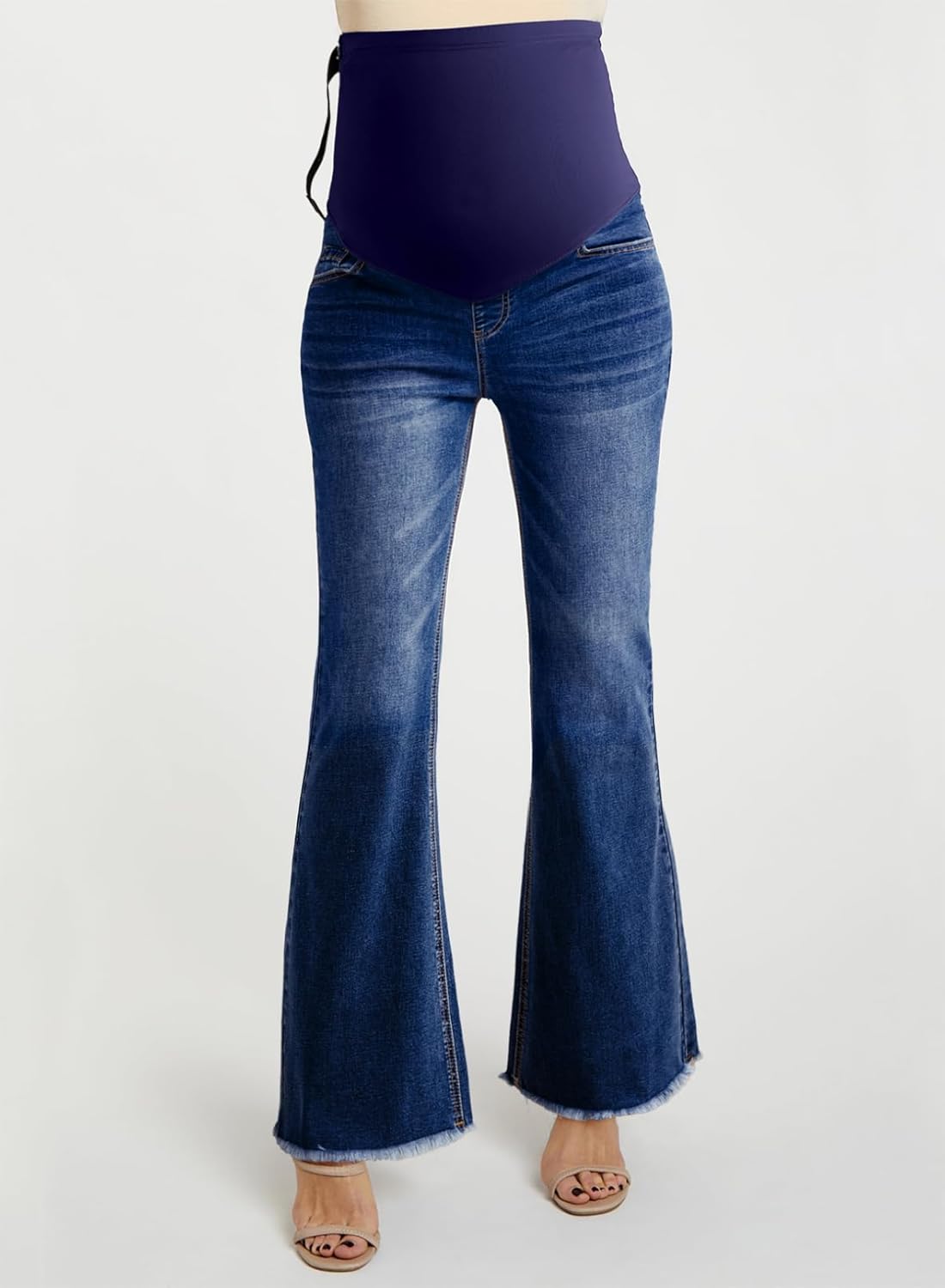 BLENCOT Maternity Jeans Over Belly Stretch Pregnancy Pants for Pregnant Women with Pockets Flare Denim Comfy for Expecting Mothers P605 Blue XL - Image 2