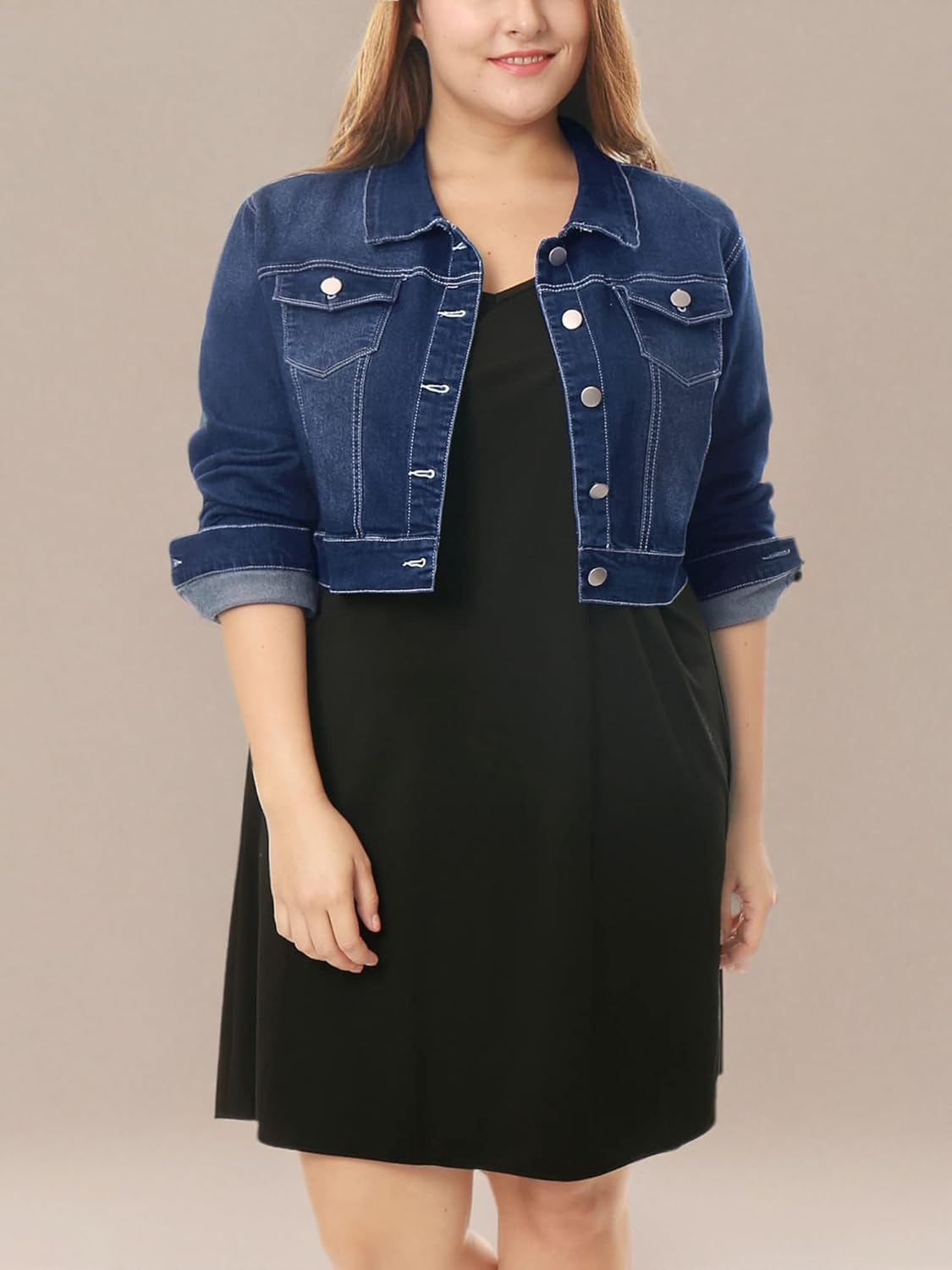 uxcell Women's Plus Size Button Closed Cropped Denim Jackets Stitching 2026 - Image 6