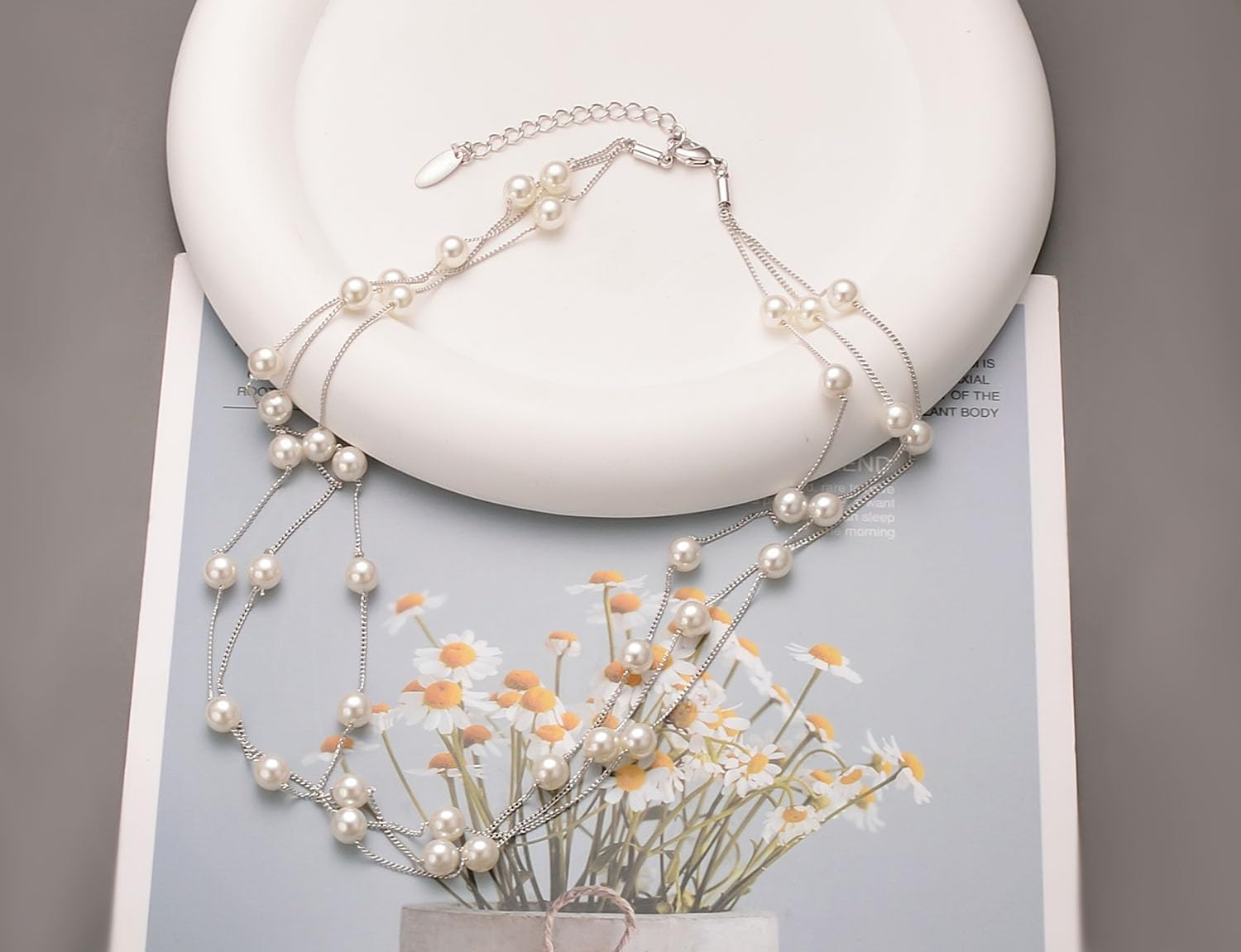 Aleasha Rose Gold Faux Pearl Choker Necklace Multi Strand for Women Silver Dainty Small Pearl Wedding Jewelry - Image 6