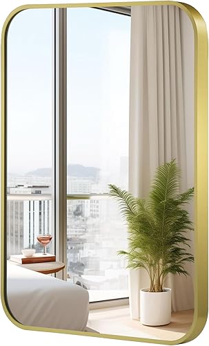 Miniatura 8 de Espejo de baño dorado de 20 x 28 pulgadas, espejo rectangular con marco de metal dorado cepillado con esquina redondeada, espejo de tocador de baño