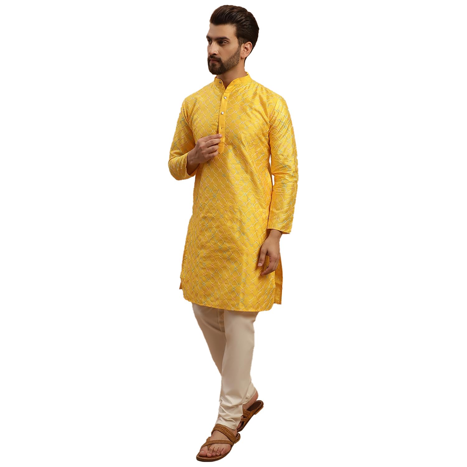 Sojanya (Since 1958 Men's Silk Blend Mustard Kurta And Cream Pyjama With Cream Embroidery Nehru Jacket