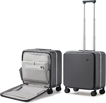 mixi Carry On Luggage 18 Inch with Front Laptop Pocket, Cabin Suitcase Aluminium Frame PC Hard Shell, Spinner Wheels, TSA Lock, Lightweight Travel Case with Cover Not Underseat, Rock Gray