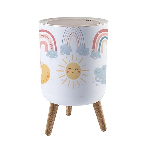 Bote de basura pequeño con tapa, estilo bohemio, arco iris, pastel, primavera, niños, diseño de luna y sol, diseño de bebé, cubo de basura redondo,