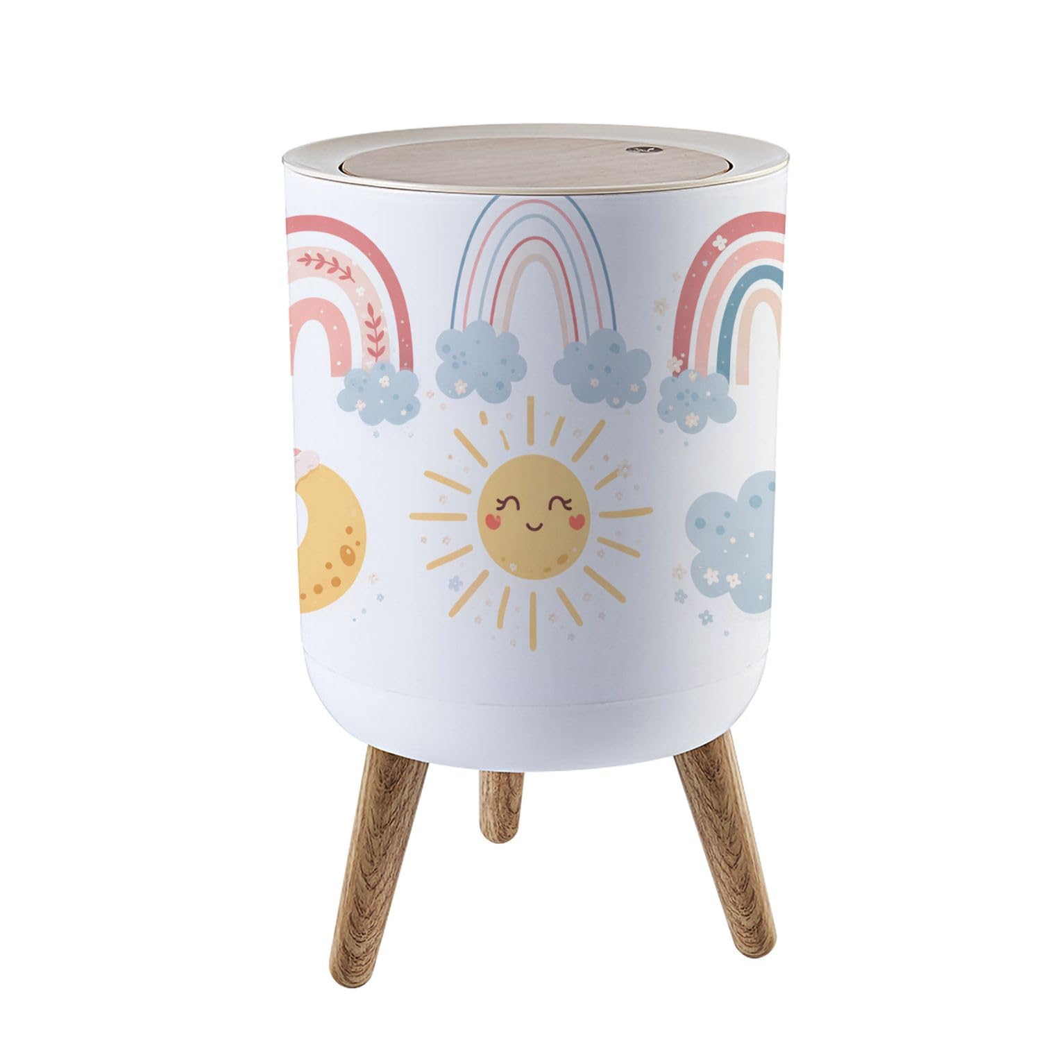 Small Trash Can with Lid Boho Rainbow Pastel spring kids clipart set moon and sun baby design Garbage Bin Round Waste Bin Press Cover Dog Proof
