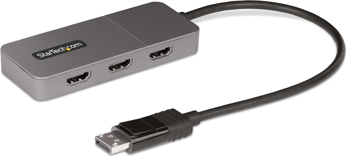 StarTech 1ft DisplayPort 1.4 to 3X HDMI MST Hub, Triple 4K 60Hz, HDR | Extended or mirrored, Uses host GPU, 30cm built-in cable, Windows Layout Utility, DP 1.2