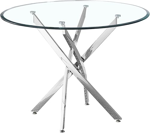 SSLine Mesa de comedor redonda para 2-4, mesa de comedor de cristal transparente de lujo con base de pedestal plateada de 36 pulgadas, mesa de