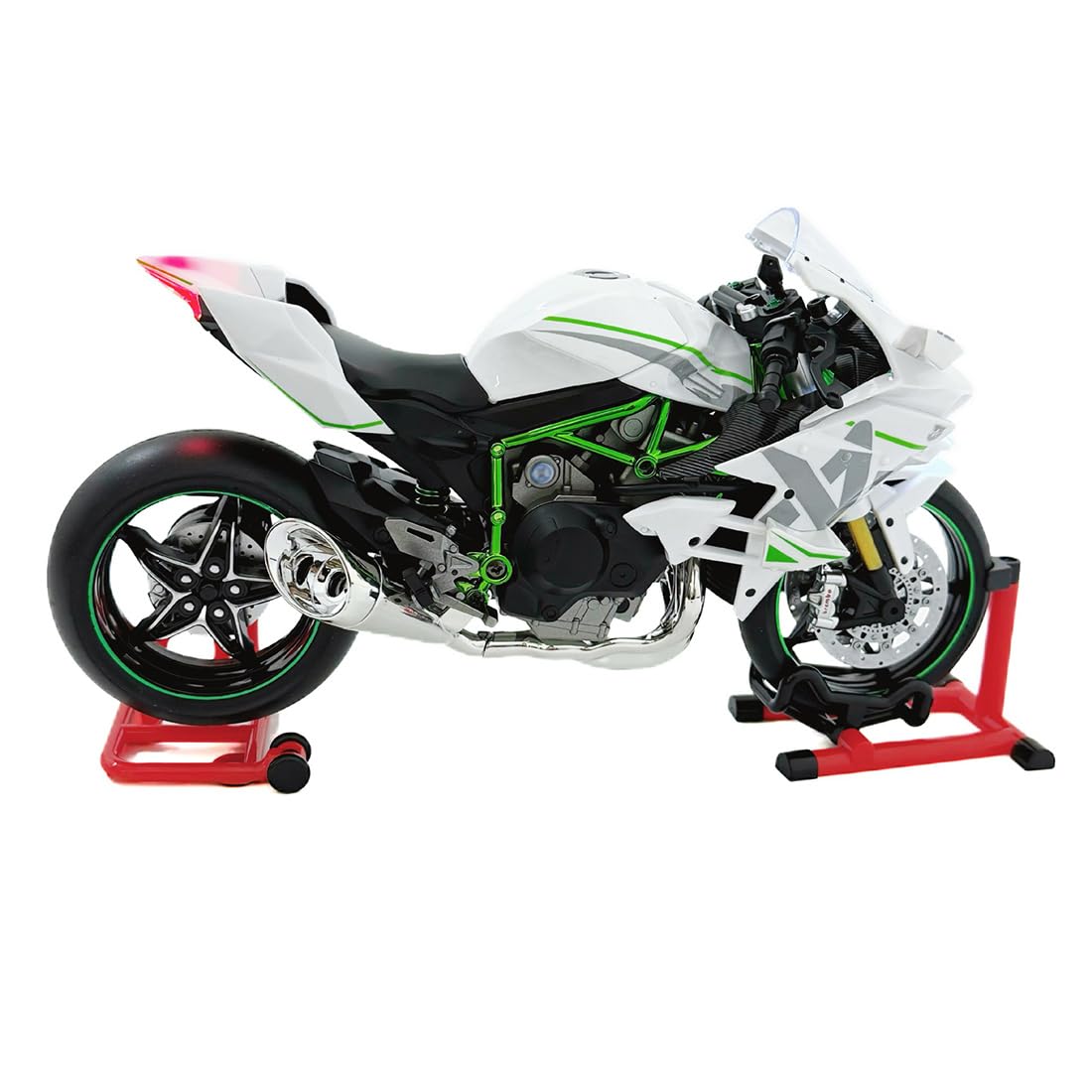 Modello di moto, scala 1:9, H2, in lega, dinamico, simulazione di scarico, nebbia d'acqua, modello meccanico da esposizione, modello di moto da collezione con parti mobili