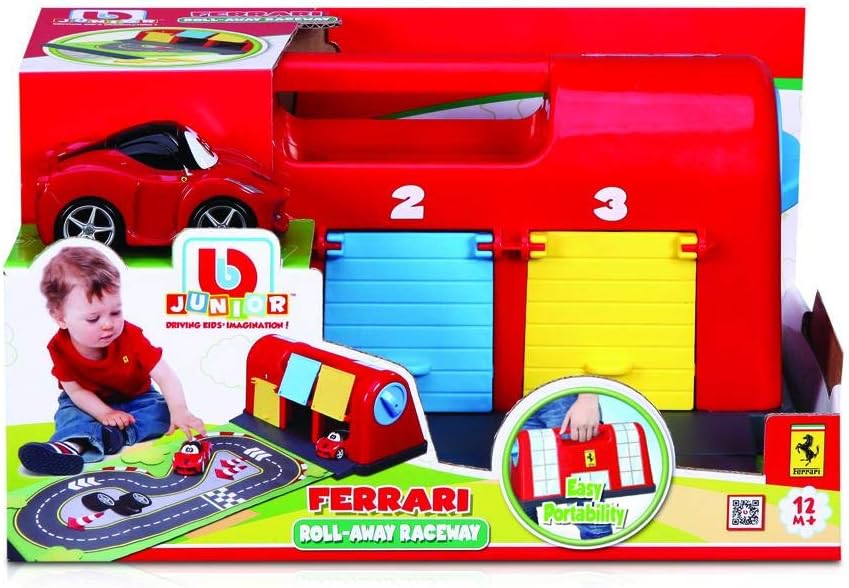 BB Junior Roll'N Go Ferrari Portable Garage with playmat partially unrolled