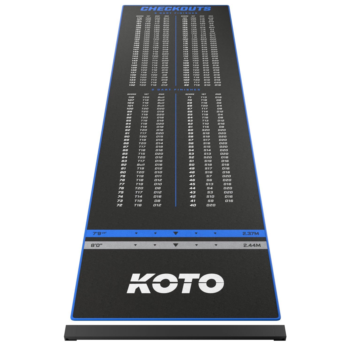 KOTO - Tapis de Fléchettes Checkout Oche Bleu 285 x 80 cm + Oche INCL. Indicateur de Score, Antidérapant, Tapis Flechette Sol