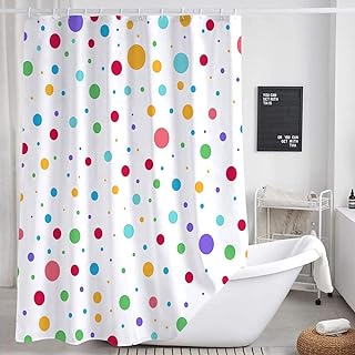 DYNH Kids Rainbow Shower Curtain for Bathroom, Colorful Geometric Cute Polka Dot Fabric Shower Curtains Set, White Modern Restroom Decor Accessories with Hooks (60X72)