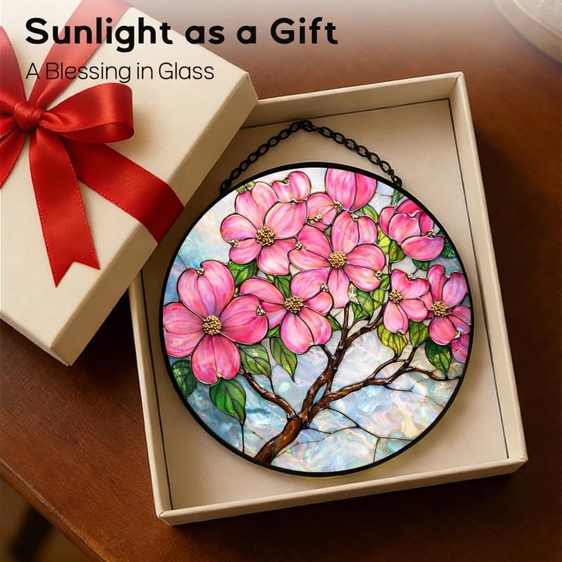 Stained Glass Window Hanging Suncatcher 11.8 in Pink Dogwood Blossoms Colorful Glass Panel Sun Catcher for Window， Window Hanging Decor for Home， Housewarming Gift