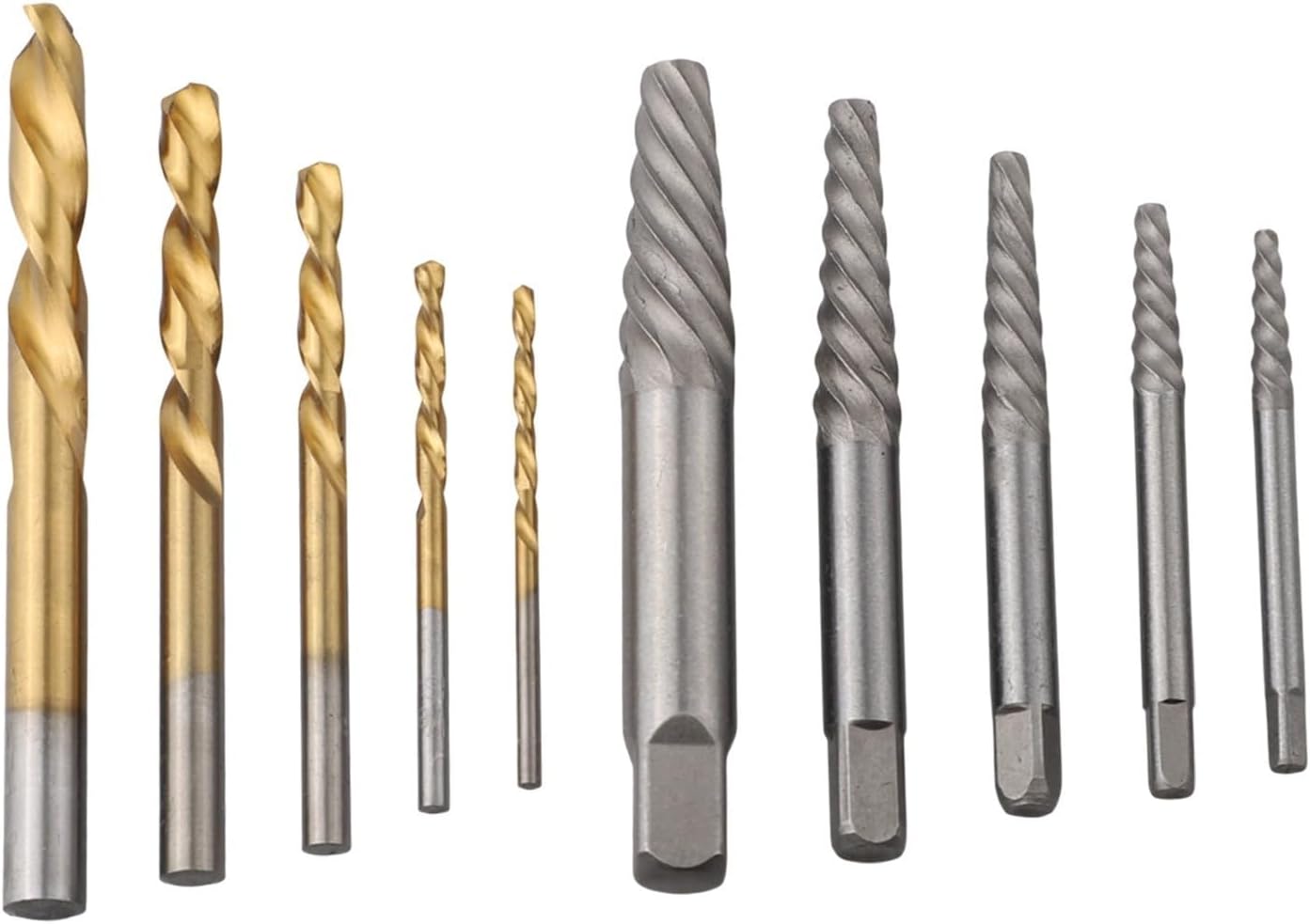 Screw Extractor Set with Spiral Flute Removers & HSS Drill Bits Broken, Damaged, or Stripped Screws – 5-Piece Extractors (1#–5#) + 5-Piece HSS Bits (3/32–5/16)