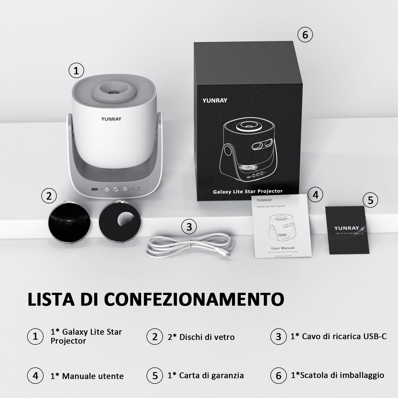 YUNRAY Proiettore Stelle Soffitto, Galaxy Projector Planetario Bambini Adulti, Proiettore Stelle con 2 Dischi & Timer, Proiettore Cielo Stellato per Camera Regalo Compleanno Natale