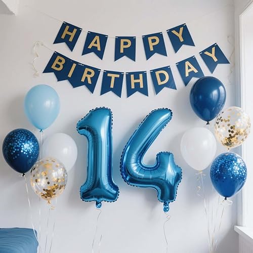 Miniatura 9 de Decoraciones de cumpleaños número 10, color azul para niños y niñas, pancarta de feliz cumpleaños número 10, globos de papel de aluminio de látex