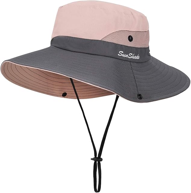 MengH-SHOP Women Sun Hat Wide Brim Outdoor UV Protection Summer Ponytail Hat Foldable Mesh Beach Fisherman's Cap for Gardening Travel Hiking Fishing 56-58CM (Pink)