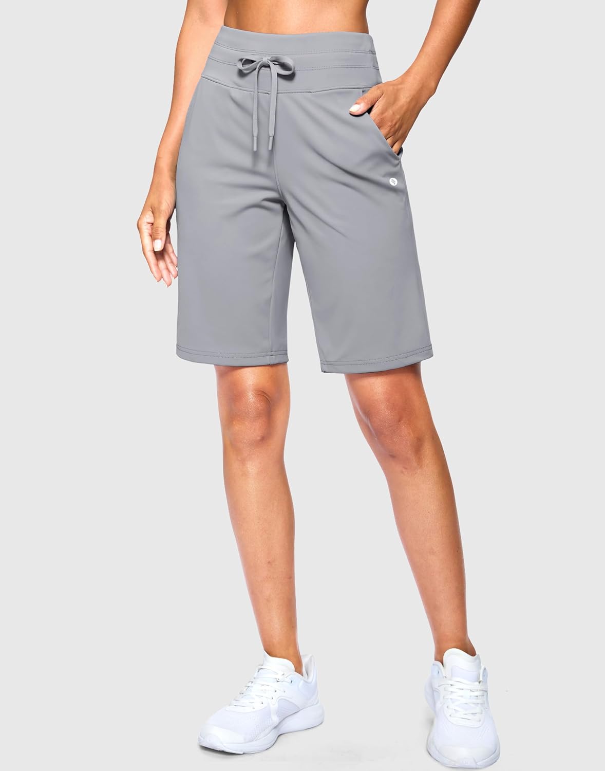 SANTINY Women's Bermuda Long Shorts with Pockets Drawstring High Waisted Athletic Knee Length Shorts Walking Casual Workout - Image 3