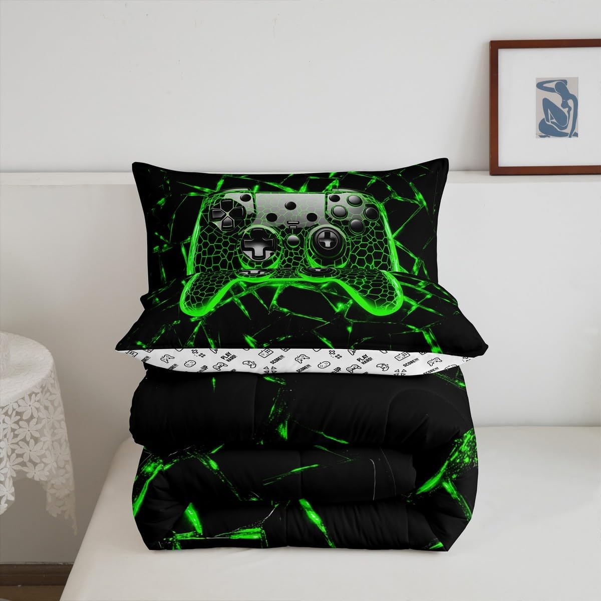 Green Honeycomb Gamepad Kids Comforter Set Full Size,Video Games Gamepad Gaming Gamer Bedding Set,Boys Men Room Decor,Abstract Geometric Patch Down Comforter,Neon Fashion Duvet Insert,2 Pillowcases image 5