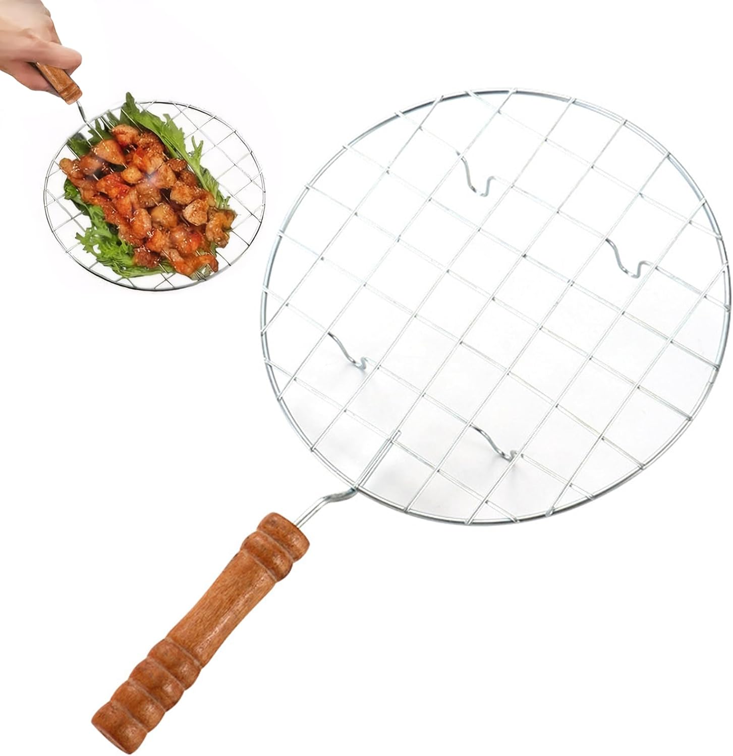 Grill Racks Food-Safe Round 7.5 in Dia. Outdoor BBQ Wire Roaster Rack with Heat-Resistant Wood Handle Polished Grill Mesh with Feet Grilling Accessories Rack Roaster Mesh