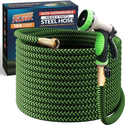 PowerFlow Garden Hose, NON-EXPANDABLE 100ft Premium Quality Stainless Steel Metal Water Hose with Durable Fabric Skin, Hose For Commercial, Residential Use, Bonus 10-way Spray Nozzle (100 Ft, Green) by POWERFLOW - Used condition - US$54.98