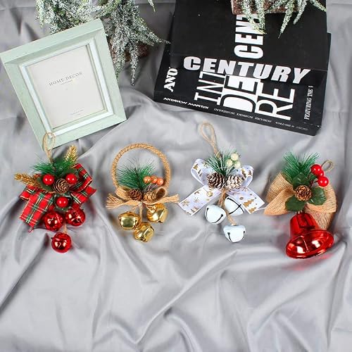 4Pcs Jingle Bell Door Hanger Christmas Bell Ornaments Christmas Pine Berry Bow Jingle Bell With Star Cutouts For Christmas Holiday Door Charm Decoration #TOP1