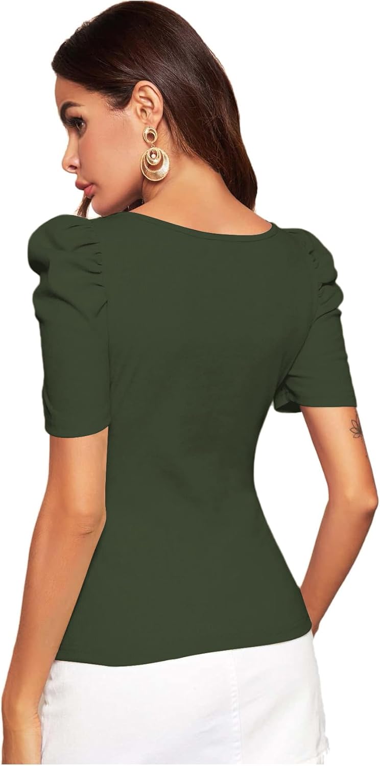 WDIRARA Women's Puff Sleeve Square Neck Short Sleeve Elegant Tee Top - Image 2