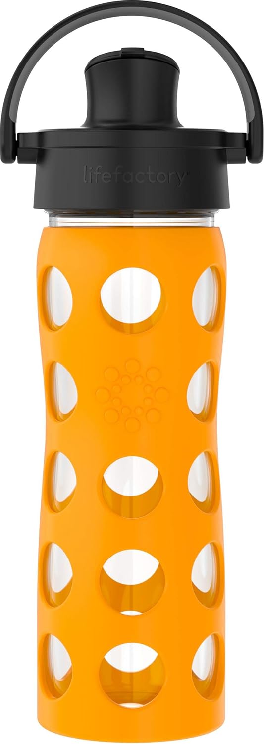 Lifefactory 16-Ounce Glass Water Bottle with Active Flip Cap and Protective Silicone Sleeve, Marigold