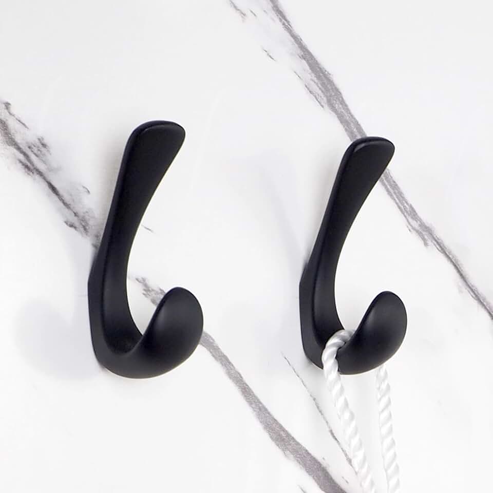 2 Pack Towel Hooks for Bathrooms Wall Mounted, Matte Black Bathroom Hooks for Towels, Robe & Towel Hook for Wall, Modern Black Bat