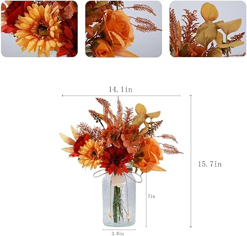 Miniatura 3 de Flores de seda con jarrón, arreglo de flores artificiales con jarrón de cristal, margaritas de rosas sintéticas para decoración de centro de mesa