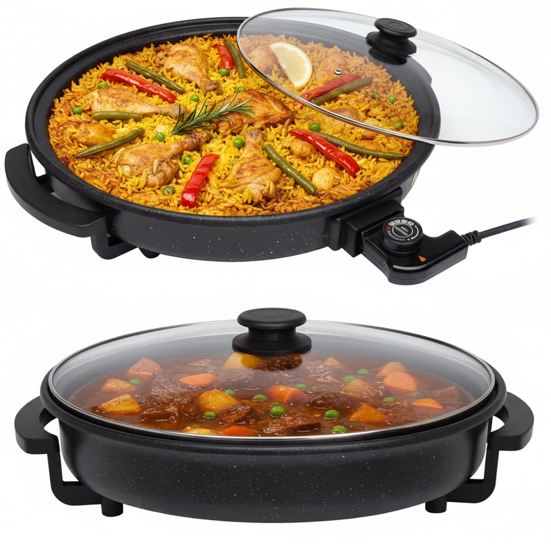 Sogo Sartén Paellera Eléctrica Ø42CM Con Tapa Cristal Reforzado - Multicazuela Antiadherente Para Paellas Y Carnes - Plancha Eléctrica Con Termostato 240ºC - Wok Multifunción Que Ahorra Energía