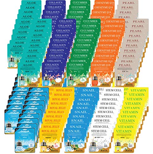 200 pcs Korean Ultra Hydrating Essence Mask, (10 Types x 20) : Aloe, Aqua, Co-enzyme, Collagen, Cucumber, Pearl, Royal Jelly, Snail, Stem Cell, Vitamin.