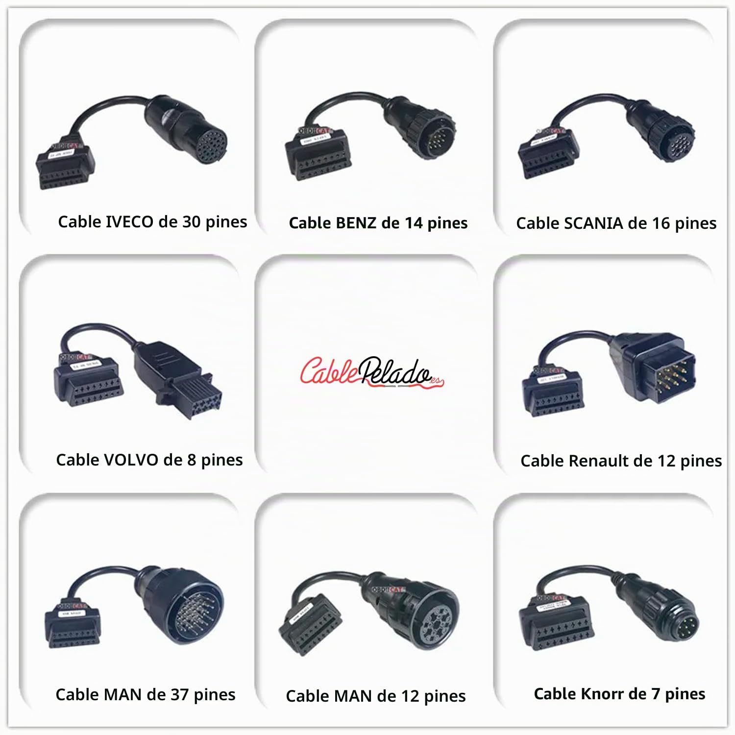 CABLEPELADO – Set de Adaptadores OBD1/OBD2 para Diagnóstico Automotriz, Juego de 8 Piezas, Compatible con Múltiples Marcas de Camiones (Kit 2)