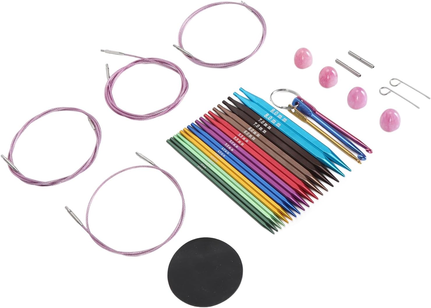 Ergonomic Aluminum Circular Knitting Needles Set, 9 Pairs with Flexible Cables, Clear Size Markings for Small Projects