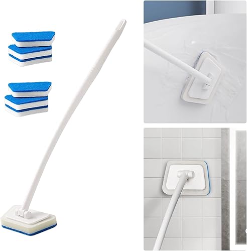 Cepillo de limpieza de ducha, cepillo de baño de 22 pulgadas, cepillo de azulejos de pared con 6 cabezales de esponja extra extraíbles