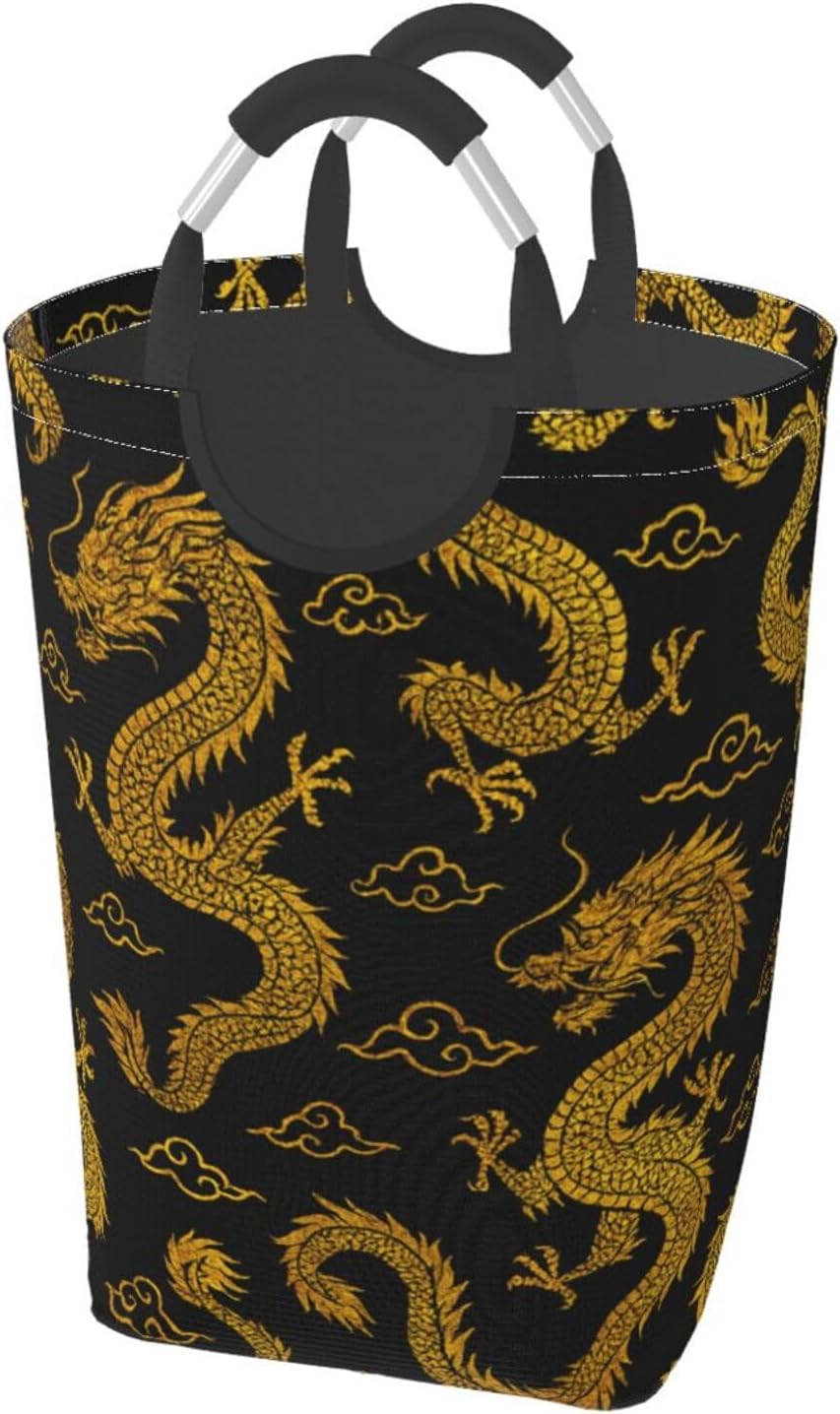 50l Laundry Basket Golden Chinese Dragon Pattern Waterproof Laundry Hamper Foldable Clothes Laundry Bag With Handles