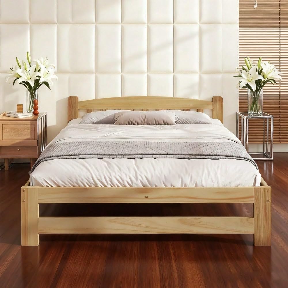 Letto in legno massello, 140 x 200 cm, naturale, letto matrimoniale futon con testiera, con rete a doghe, per ragazzi e adulti