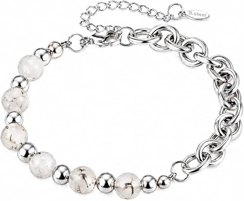 Dragon Stone Bracelet Men Stainless Steel Beaded Cuban Link 8mm Adjustable
