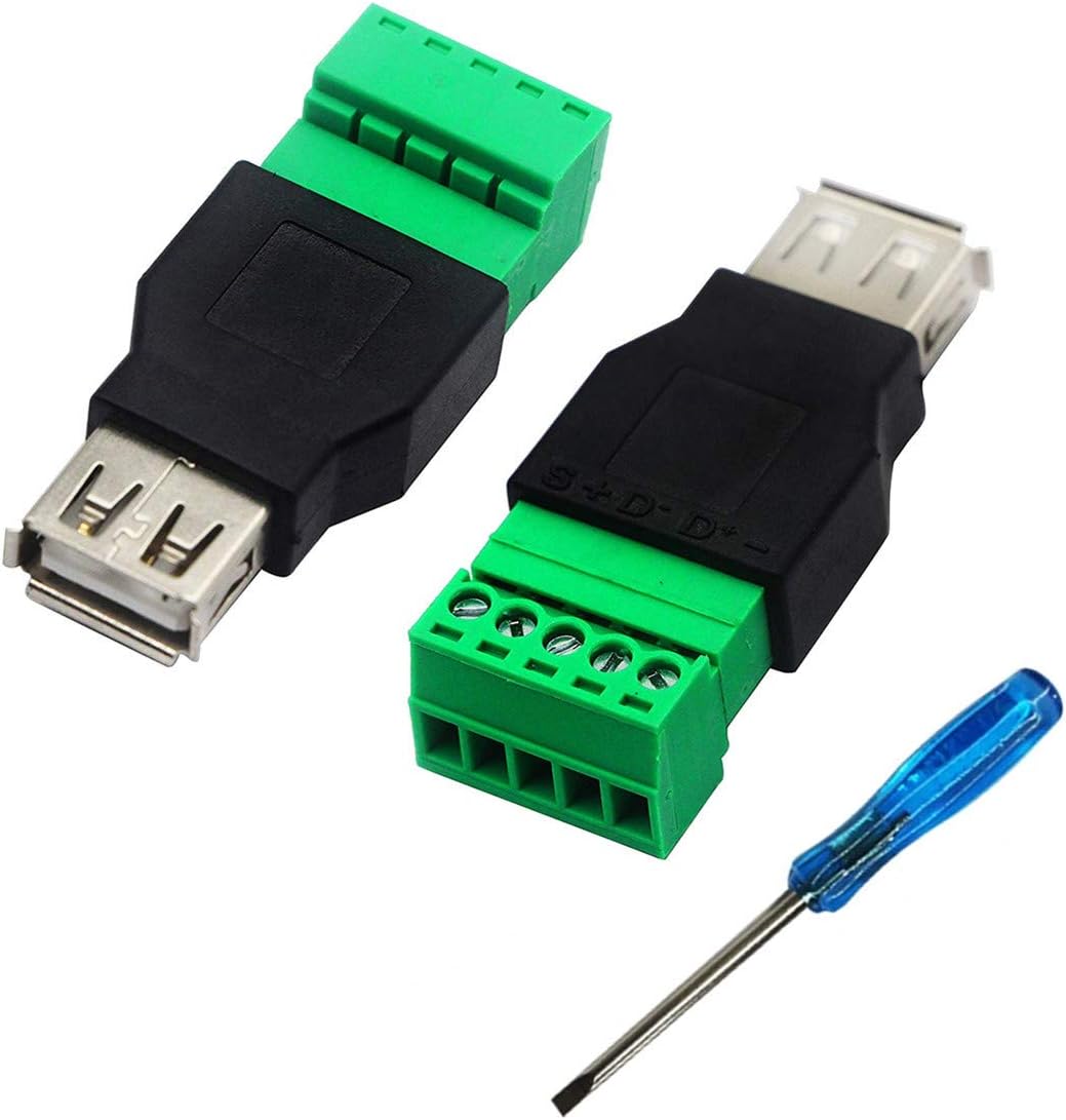 SamIdea 2-Pack USB 2.0 A Female Screw Terminal Block Connector with A DIY Screwdriver, USB 2.0 A Female Plug to 5 Pin Female Screw terminals Plug-in Type Adapter,300V 8A