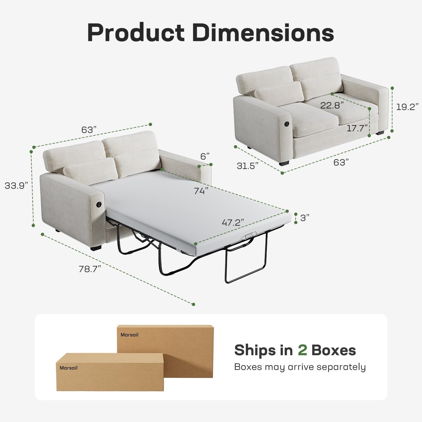 Marsail Pull Out Sofa Bed, Full Size Sleeper Sofa with Memory Foam Mattress, 2 USB Charging and Removable Covers, Loveseat for Living Room, Apartment, Supports 600 LBS, Chenille Fabric, White