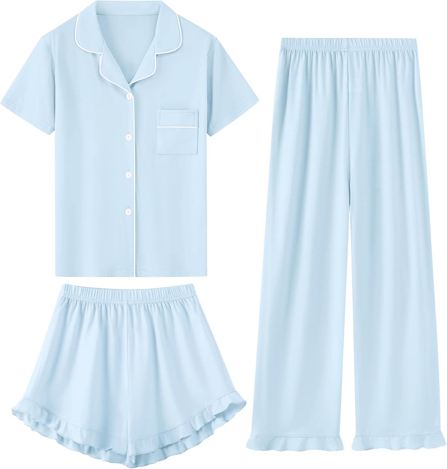 Schbbbta Girls Pajamas Set 3 Piece Button Down Sleepwear Short Sleeve Long Pants with Shorts Pjs Ruffle Nightwear 5-14 Years