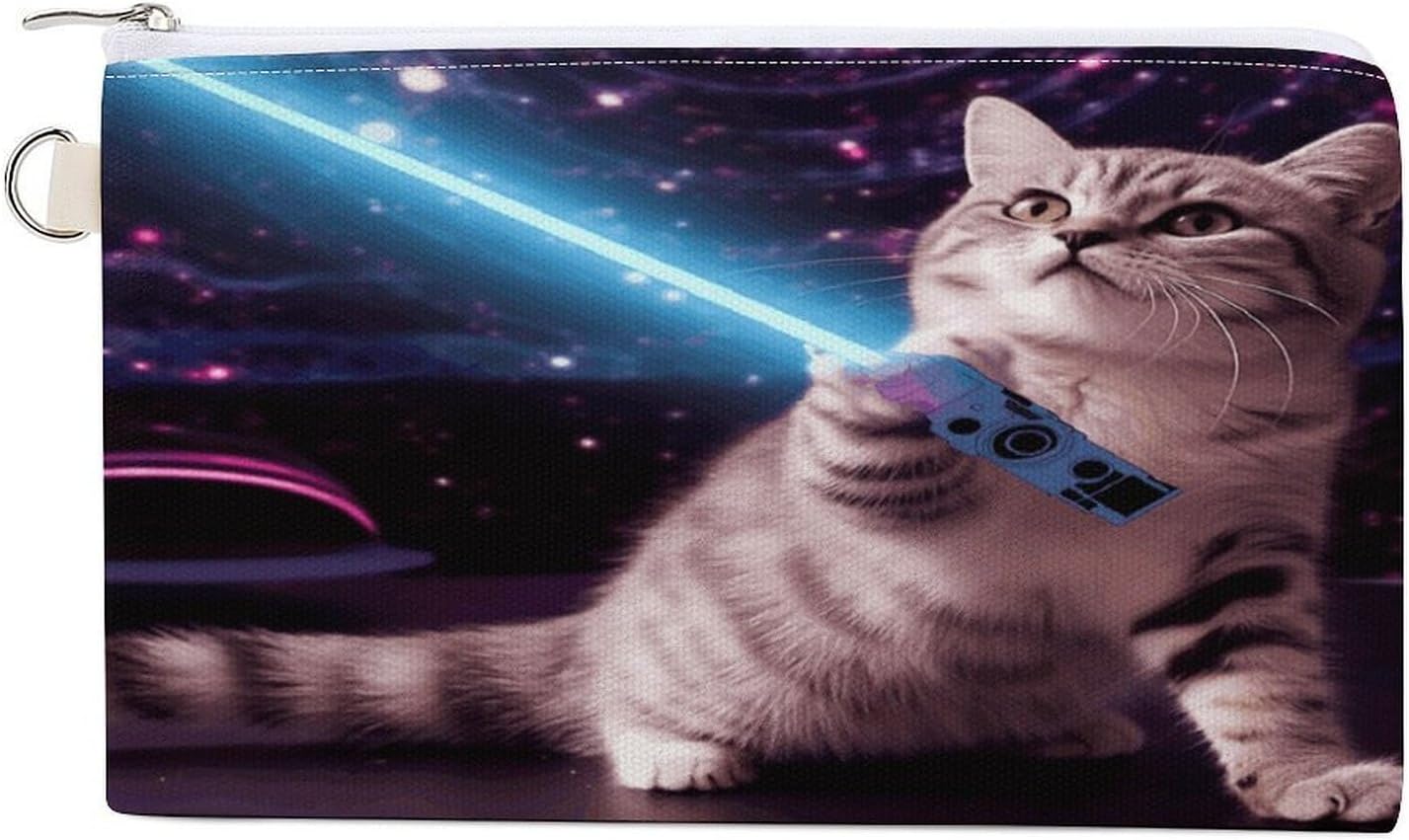 Space Laser Cat Novelty Cute Funny Coin Purse Mini Pouch Change Wallet with Keychain Portable Coin Pouch Canvas Change Purse