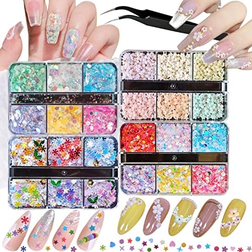 Careuoklab 4 Boxes Nail Art Glitter Sequins, 3D Flower Mixed Shapes and Iridescent Holographic Glitter Flakes Snowflake Hearts Star DIY Manicure Nail Art Decoration Sets, Craft, Makeup