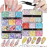 Careuoklab 4 Boxes Nail Art Glitter Sequins, 3D Flower Mixed Shapes and Iridescent Holographic Glitt