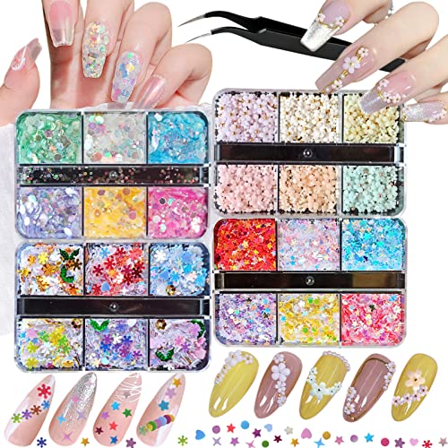 Careuoklab 4 Boxes Nail Art Glitter Sequins, 3D Flower Mixed Shapes And Iridescent Holographic Glitter Flakes Snowflake Hearts Star Diy Manicure Nail Art Decoration Sets, Craft, Makeup #TOP1